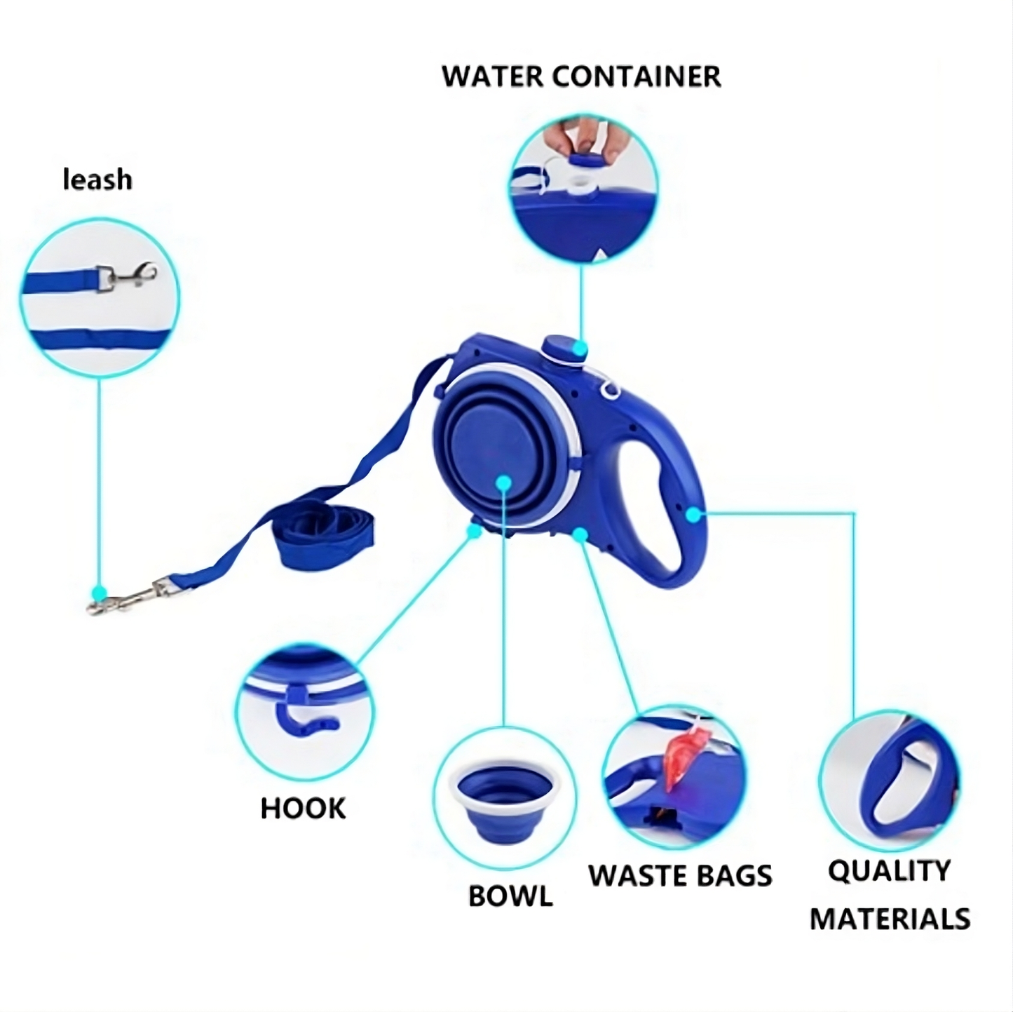 Multifunctionele Hondenriem met Geïntegreerde Waterfles en Opvouwbare Voerbak – Perfect voor Wandelen met Honden