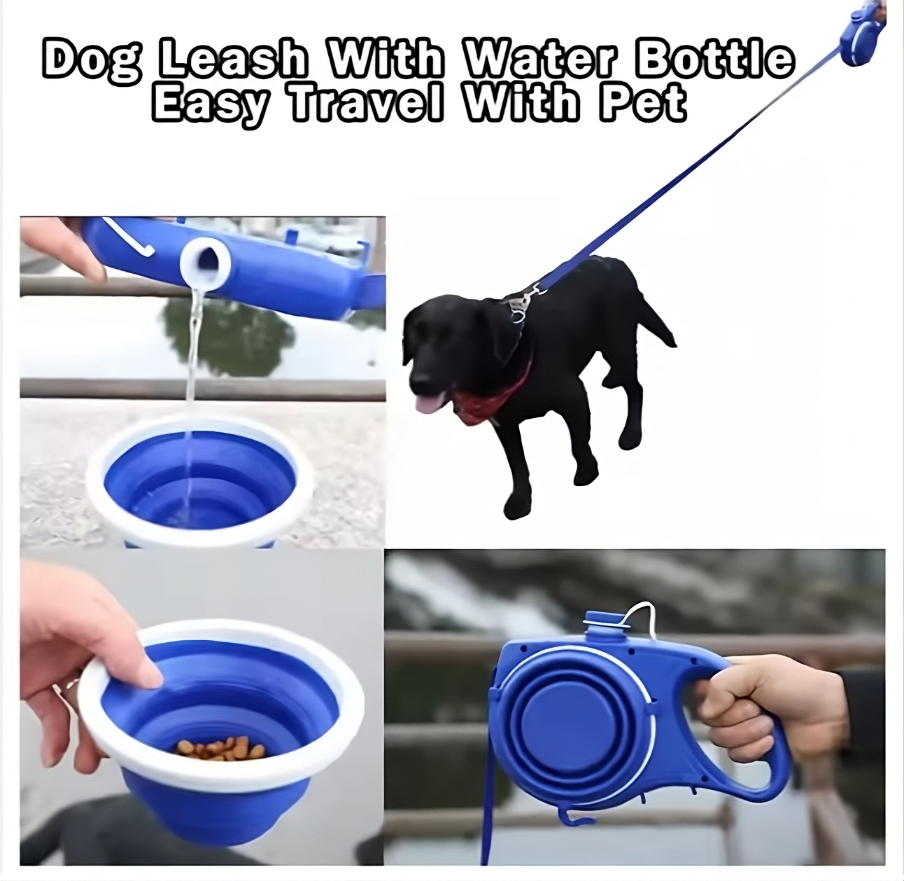 Multifunctionele Hondenriem met Geïntegreerde Waterfles en Opvouwbare Voerbak – Perfect voor Wandelen met Honden